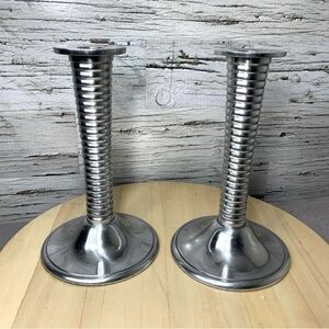 𝅺vintage Chrome Art Deco Inspired Tall Candlestick Holder Set Swirled Leg Stand